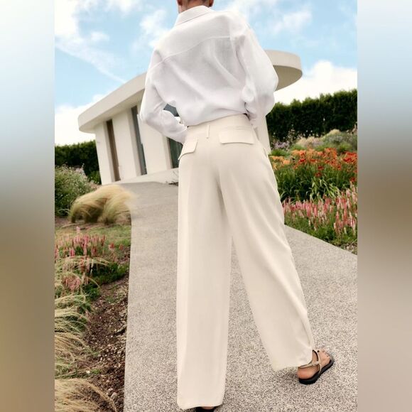 ZARA PLEATED WIDE LEG PANTS ECRU - Picture 4 of 7